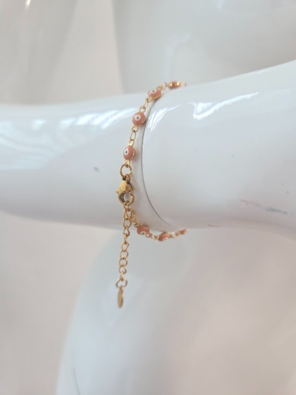 Gold Plated Evil Eye Enamel Chain Link Bracelet Pink Peach - Picture 9 of 11